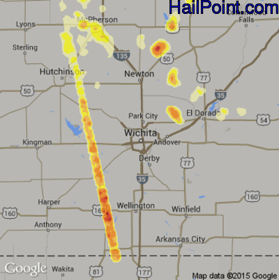 Hail Map for Wichita, KS Region on August 15, 2013