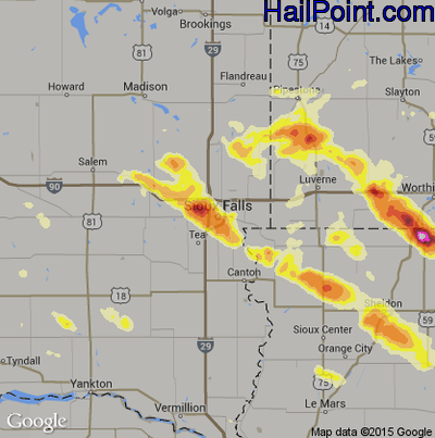Hail Map for Sioux Falls, SD Region on September 1, 2013