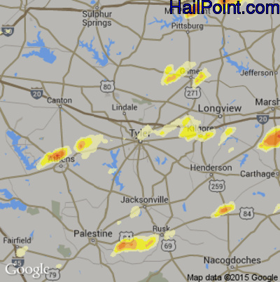 Hail Map for Tyler, TX Region on March 28, 2014