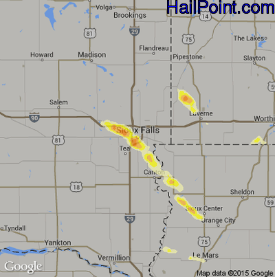 Hail Map for Sioux Falls, SD Region on June 5, 2014