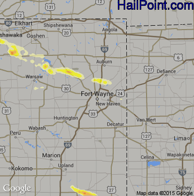 Hail Map for Fort Wayne, IN Region on July 27, 2014