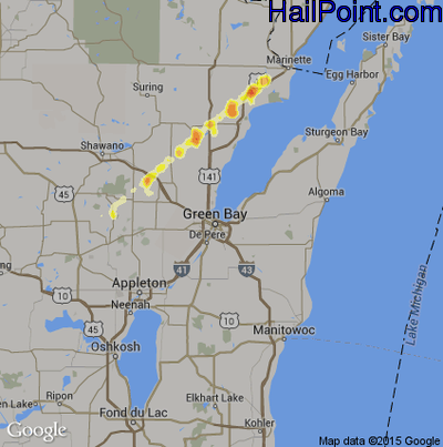 Hail Map for Green Bay, WI Region on October 28, 2014