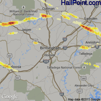 Hail Map for Birmingham, AL Region on March 31, 2015