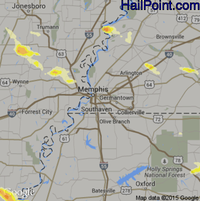 Hail Map for Memphis, TN Region on March 31, 2015