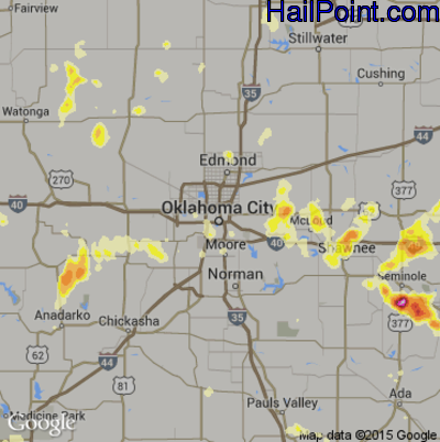 Hail Map for Oklahoma City, OK Region on April 1, 2015