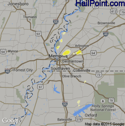 Hail Map for Memphis, TN Region on April 1, 2015