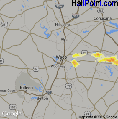 Hail Map for Waco, TX Region on April 9, 2015
