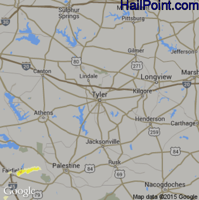 Hail Map for Tyler, TX Region on April 13, 2015