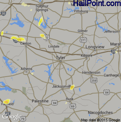 Hail Map for Tyler, TX Region on April 16, 2015
