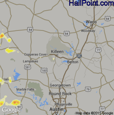 Hail Map for Killeen, TX Region on April 18, 2015