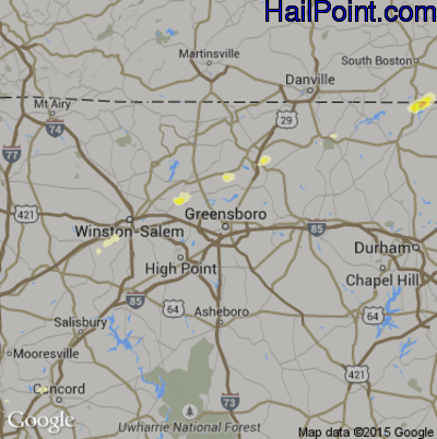 Hail Map for Greensboro, NC Region on April 20, 2015