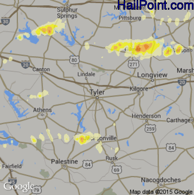 Hail Map for Tyler, TX Region on April 25, 2015
