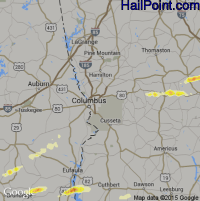 Hail Map for Columbus, GA Region on April 25, 2015