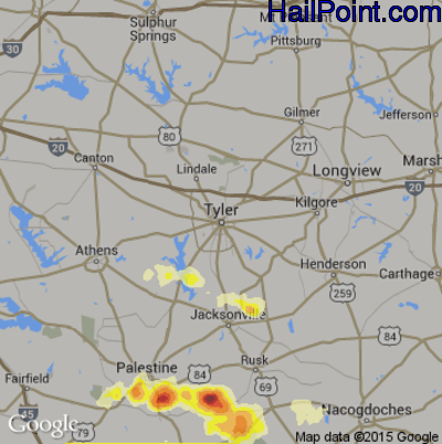 Hail Map for Tyler, TX Region on April 27, 2015