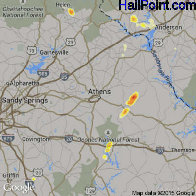 Hail Map for Athens, GA Region on June 3, 2015