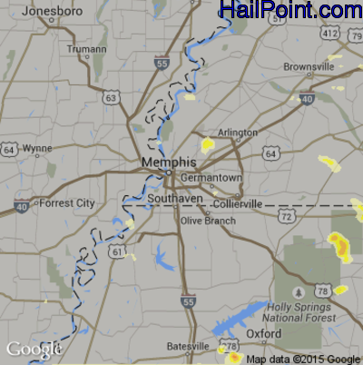 Hail Map for Memphis, TN Region on June 8, 2015