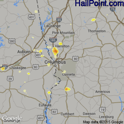 Hail Map for Columbus, GA Region on June 9, 2015