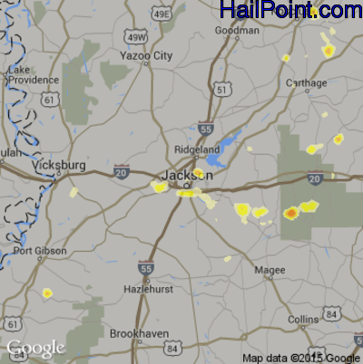 Hail Map for Jackson, MS Region on June 10, 2015