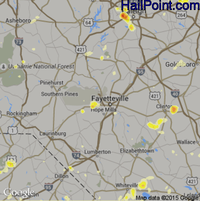 Hail Map for Fayetteville, NC Region on June 17, 2015