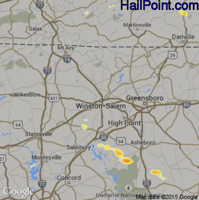Hail Map for Winston-Salem, NC Region on June 19, 2015