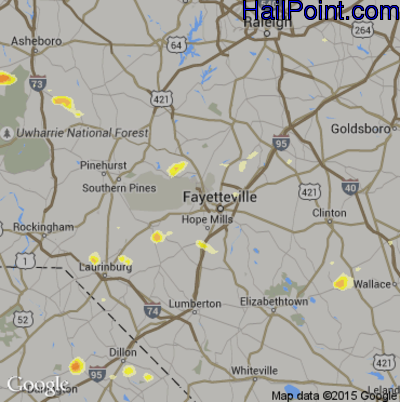Hail Map for Fayetteville, NC Region on June 19, 2015