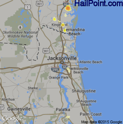 Hail Map for Jacksonville, FL Region on June 19, 2015