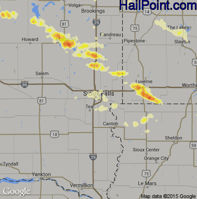 Hail Map for Sioux Falls, SD Region on June 19, 2015