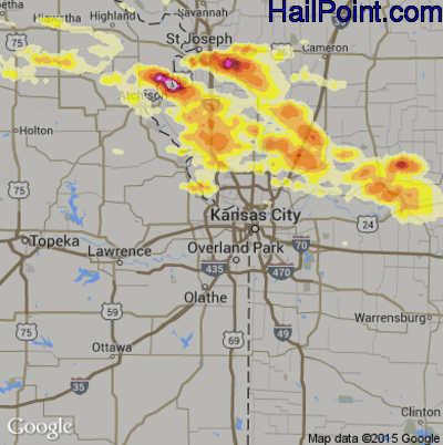 Hail Map for Kansas City, KS Region on June 21, 2015