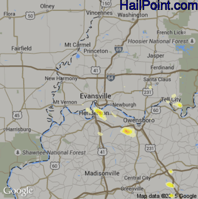 Hail Map for Evansville, IN Region on June 21, 2015