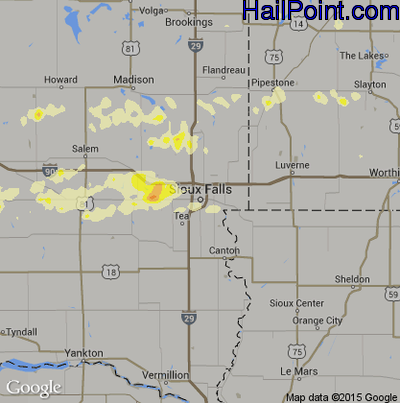 Hail Map for Sioux Falls, SD Region on June 22, 2015