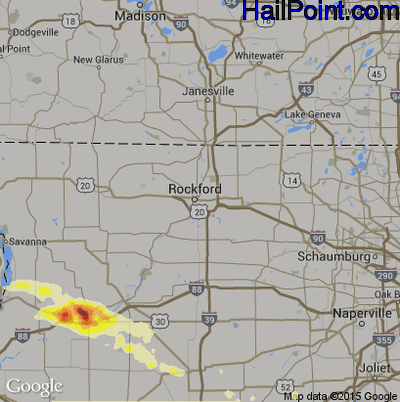 Hail Map for Rockford, IL Region on June 22, 2015