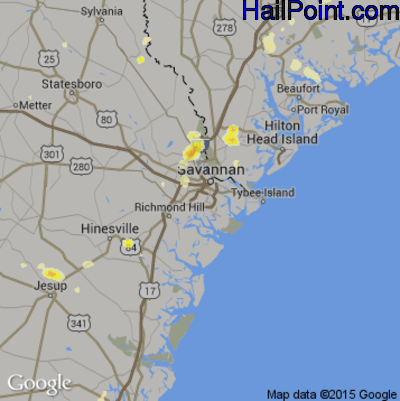 Hail Map for Savannah, GA Region on June 22, 2015 