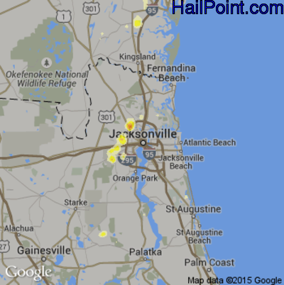 Hail Map for Jacksonville, FL Region on June 22, 2015