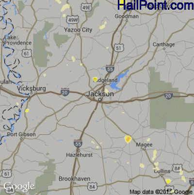 Hail Map for Jackson, MS Region on June 24, 2015
