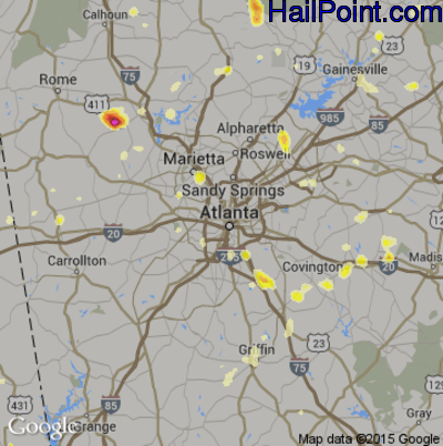 Hail Map for Atlanta, GA Region on June 24, 2015