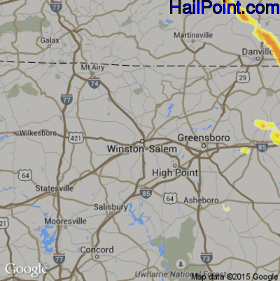 Hail Map for Winston-Salem, NC Region on June 25, 2015 