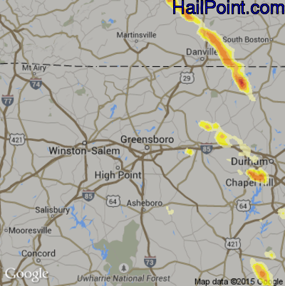 Hail Map for Greensboro, NC Region on June 25, 2015 