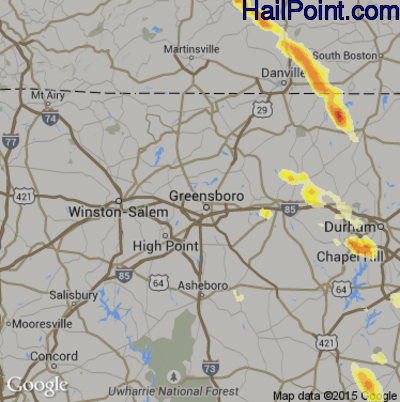 Hail Map for Greensboro, NC Region on June 25, 2015