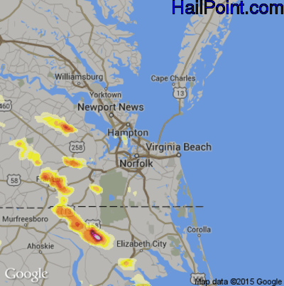 Hail Map for Norfolk, VA Region on June 25, 2015