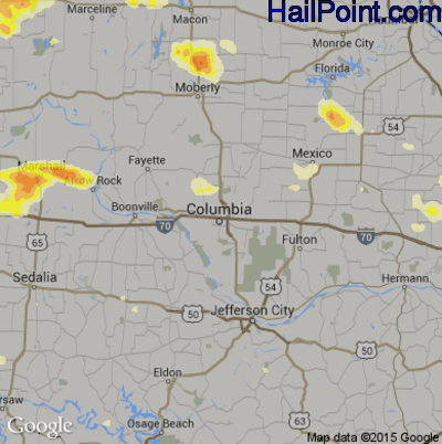 Hail Map for Columbia, MO Region on June 25, 2015