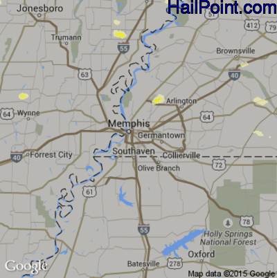 Hail Map for Memphis, TN Region on June 26, 2015
