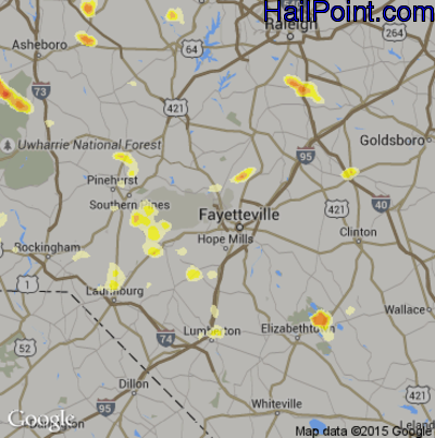 Hail Map for Fayetteville, NC Region on June 26, 2015 