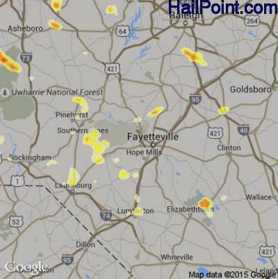 Hail Map for Fayetteville, NC Region on June 26, 2015