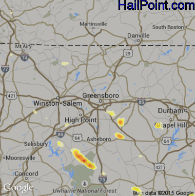 Hail Map for Greensboro, NC Region on June 26, 2015