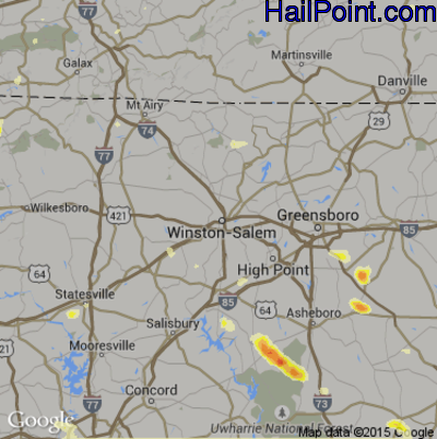 Hail Map for Winston-Salem, NC Region on June 26, 2015 