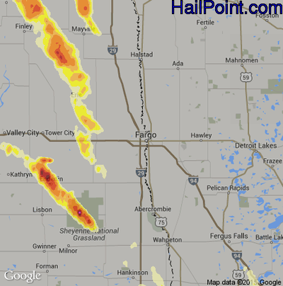 Hail Map for Fargo, ND Region on June 27, 2015