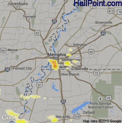 Hail Map for Memphis, TN Region on June 30, 2015
