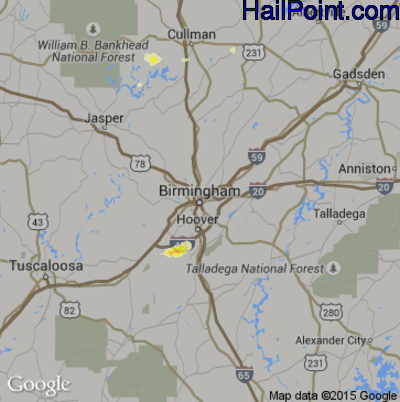 Hail Map for Birmingham, AL Region on June 30, 2015