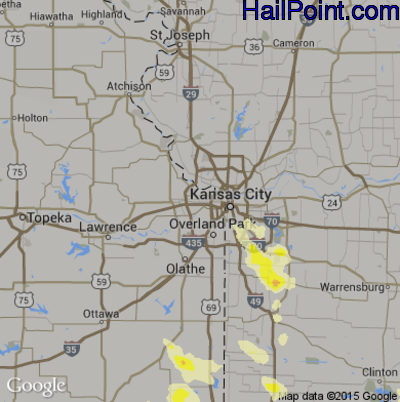 Hail Map for Kansas City, KS Region on July 1, 2015 