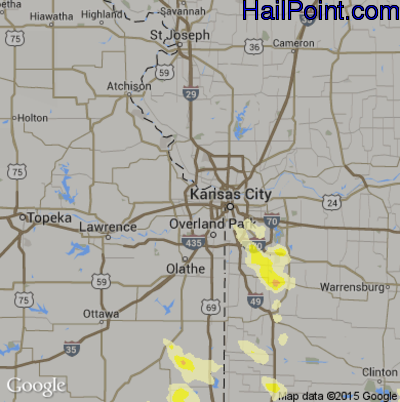 Hail Map for Kansas City, KS Region on July 1, 2015